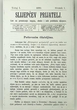 Prva stranica publikacije Slijepčev prijatelj. Godina izdanja: 1890.