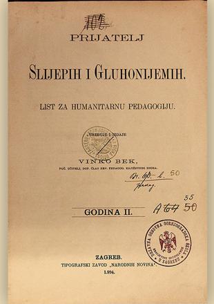 Naslovnica publikacije Prijatelj slijepih i gluhonijemih. Godina izdanja: 1894.
